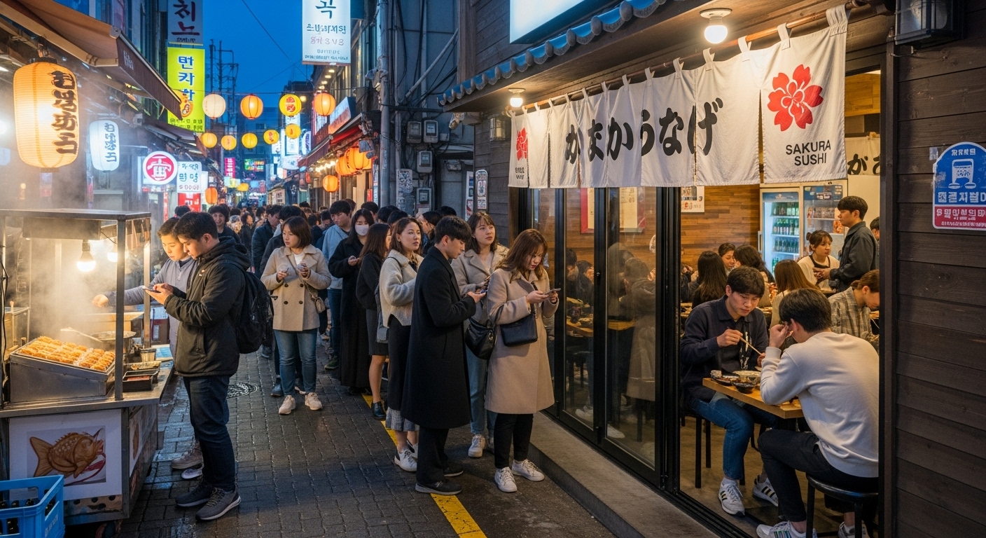 서울의 작은 인기 일본 음식점 밖에서 피크 시간에 줄 서 있는 손님들