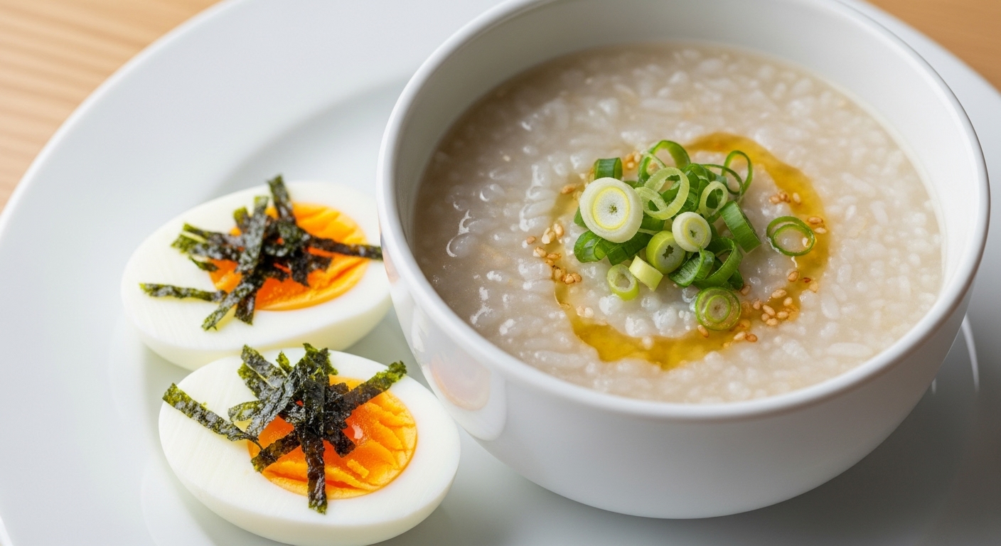 흰 접시에 깔끔하게 담긴 한국식 죽과 삶은 계란의 근접 사진