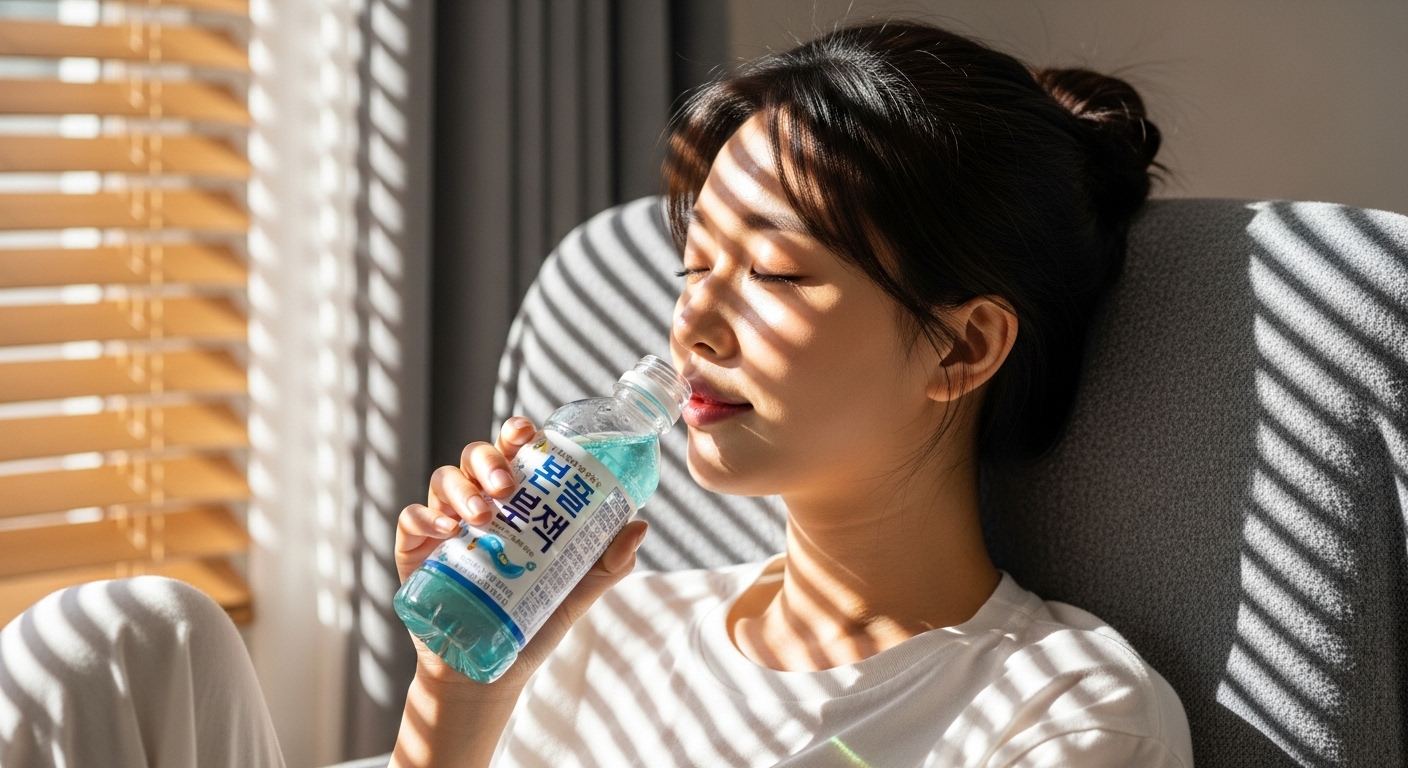 집에서 전해질 음료를 마시며 휴식을 취하는 젊은 여성의 모습