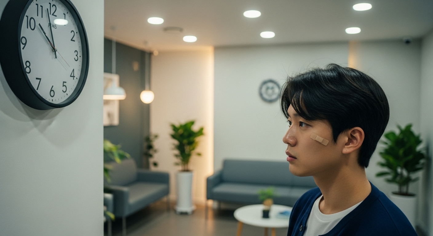 치과 진료실에서 시간을 보며 사랑니 발치 후 식사 시기를 고민하는 젊은 성인의 모습