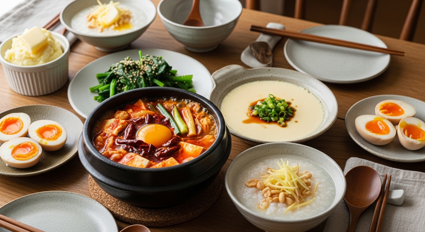집안 식탁 위에 놓인 두부 찌개와 계란찜 등 다양한 부드러운 요리
