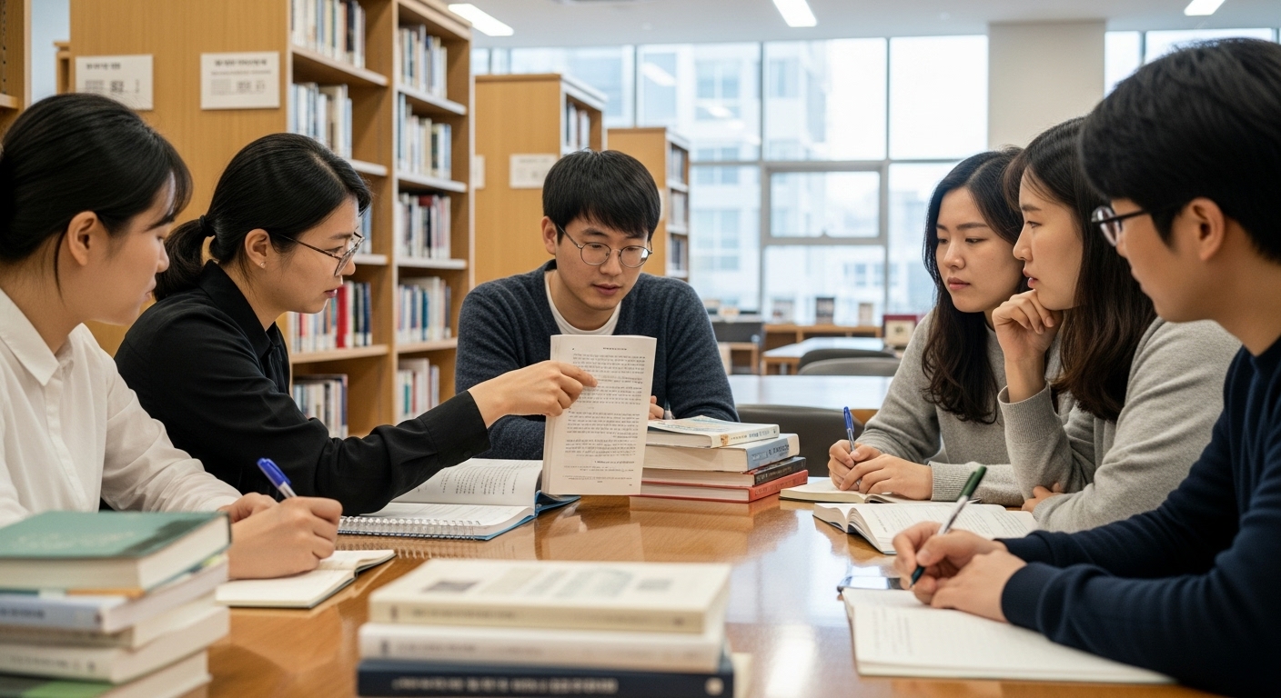 도서관에서 한국어 학습자들이 '부딪치다'와 '부딪히다'의 차이를 토론하는 모습