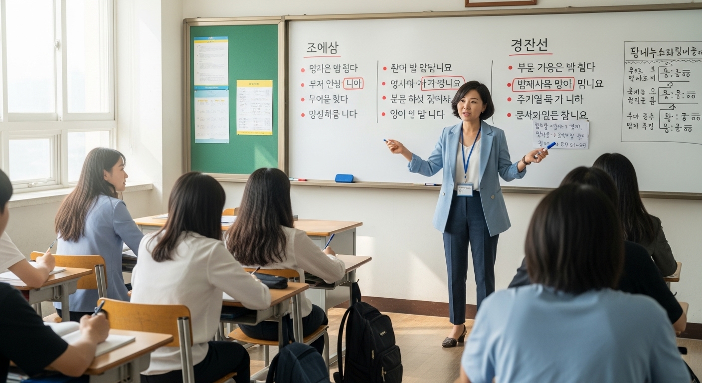 교실에서 한국인 선생님이 학생들에게 능동형과 피동형 동사를 설명하는 장면