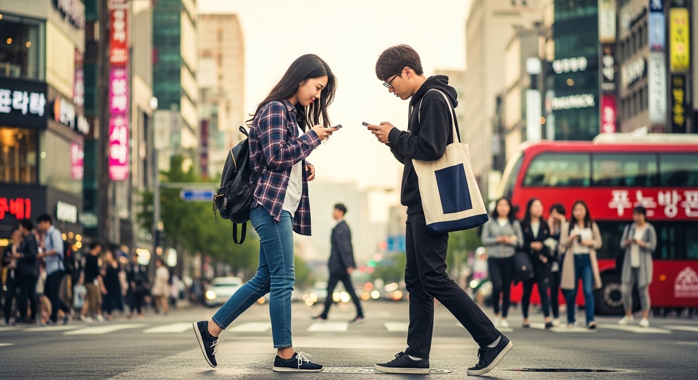 서울 거리에서 휴대폰을 보며 걷다가 서로 부딪칠 뻔한 두 학생