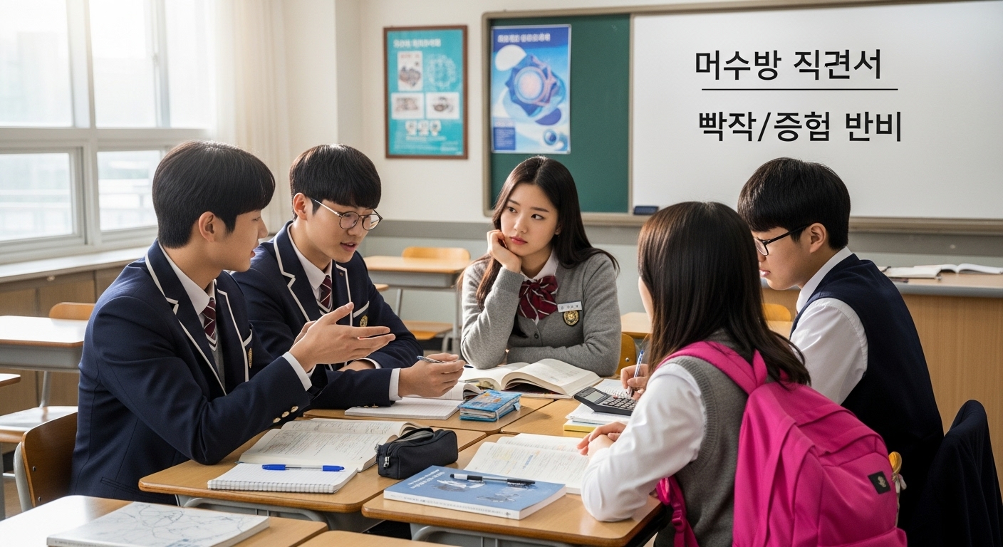 교실에서 대학 입시를 위한 국어와 수학 반영 비율에 대해 토론하는 학생들