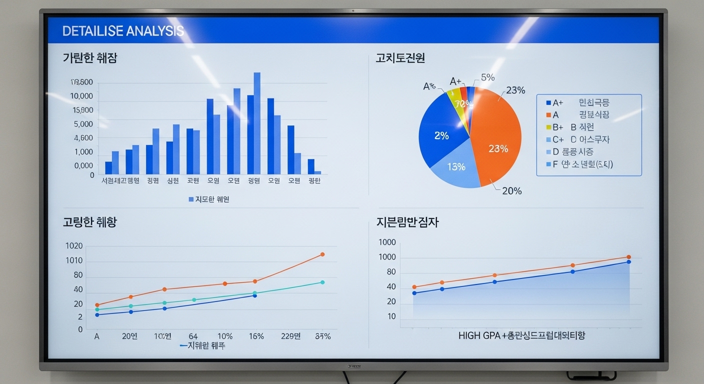 대학 합격률과 성적 백분위에 대한 데이터와 그래프를 보여주는 분석 보드