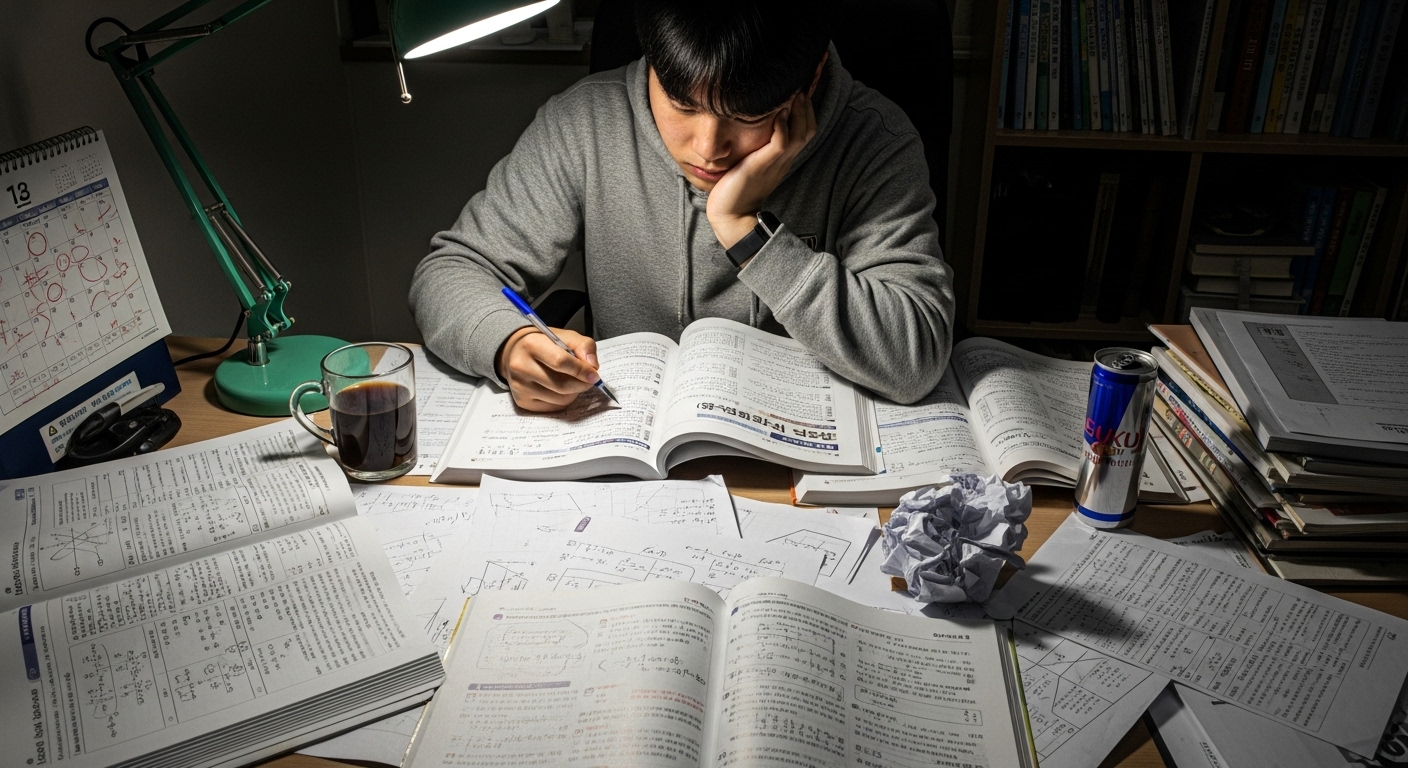 책상 위에 쌓인 노트와 시험지를 보며 고민하는 학생