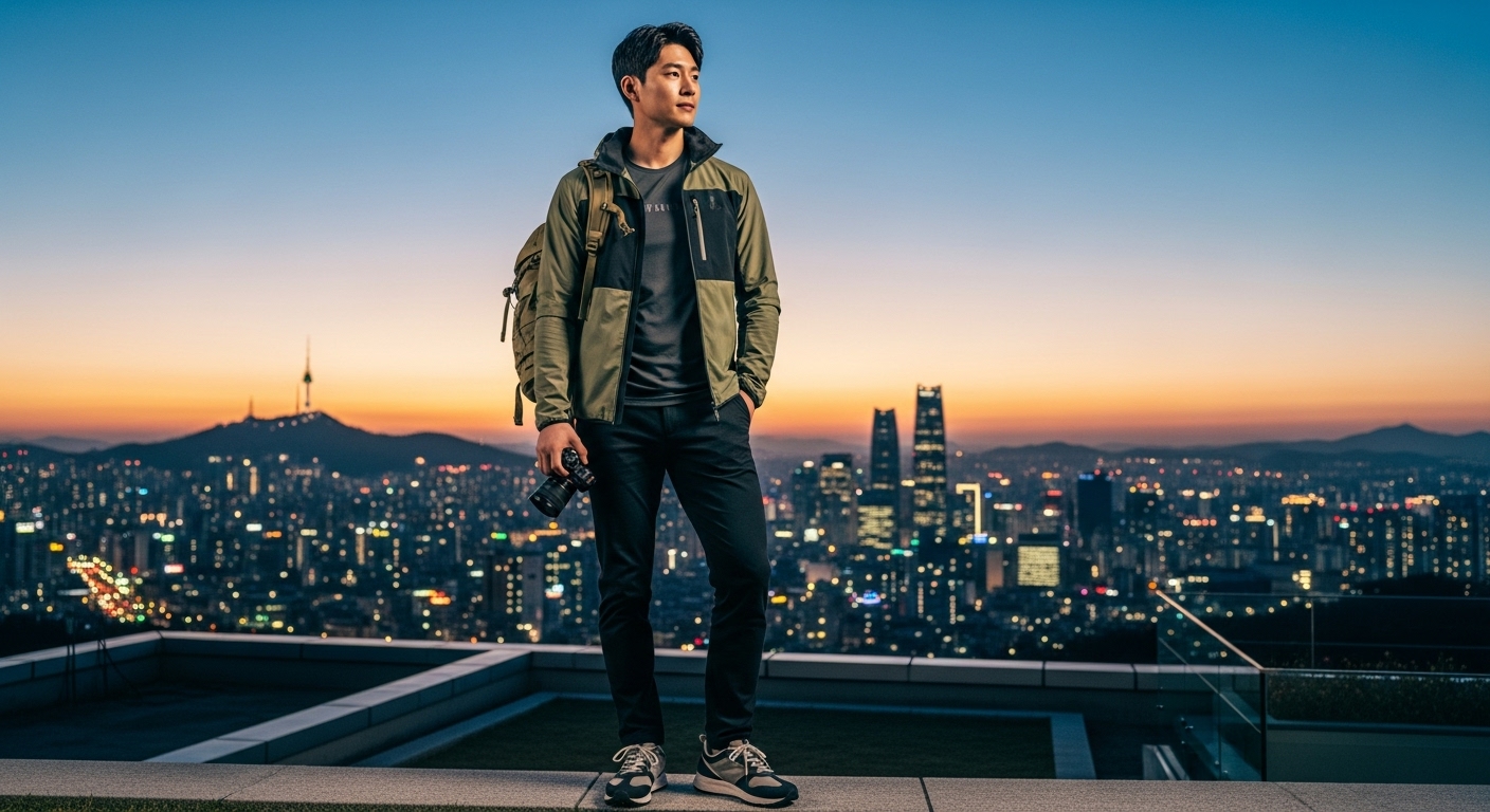 도심 속 현대인이 경량 하이브리드 자켓을 입고 일상과 야외 활동을 즐기는 모습