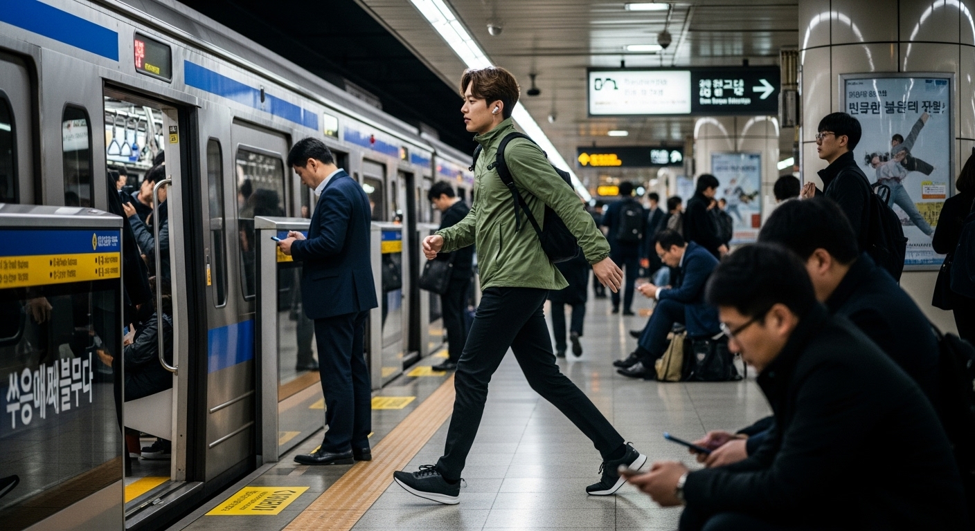 출퇴근 시간 지하철 플랫폼에서 초경량 자켓을 입고 있는 한국인 통근자