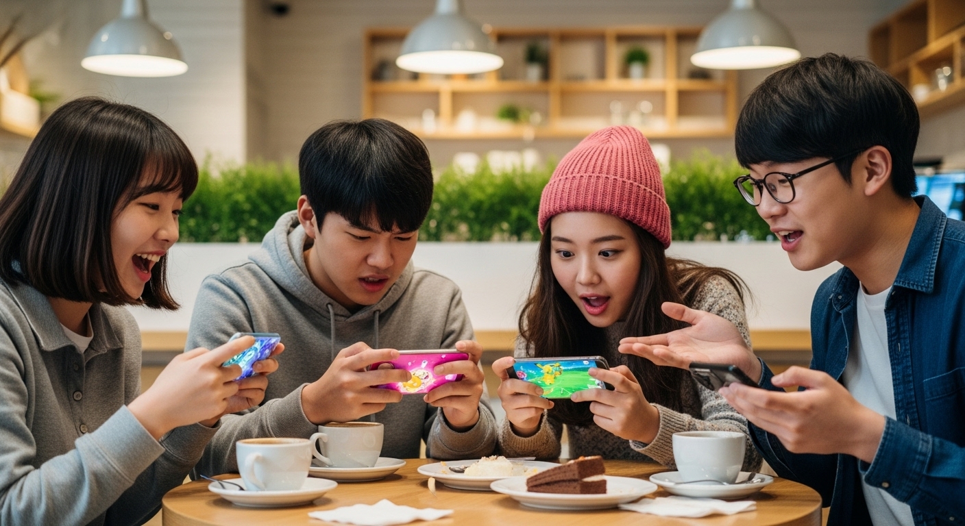 카페에서 아이폰으로 포켓몬 게임을 즐기는 한국의 젊은이들