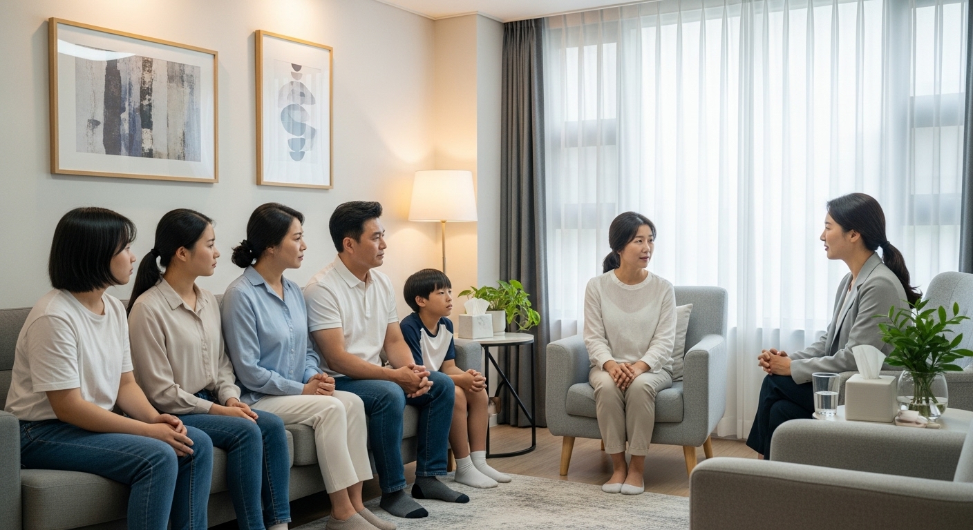 가족 상담 현장에서 전문가가 문제 해결을 돕는 장면