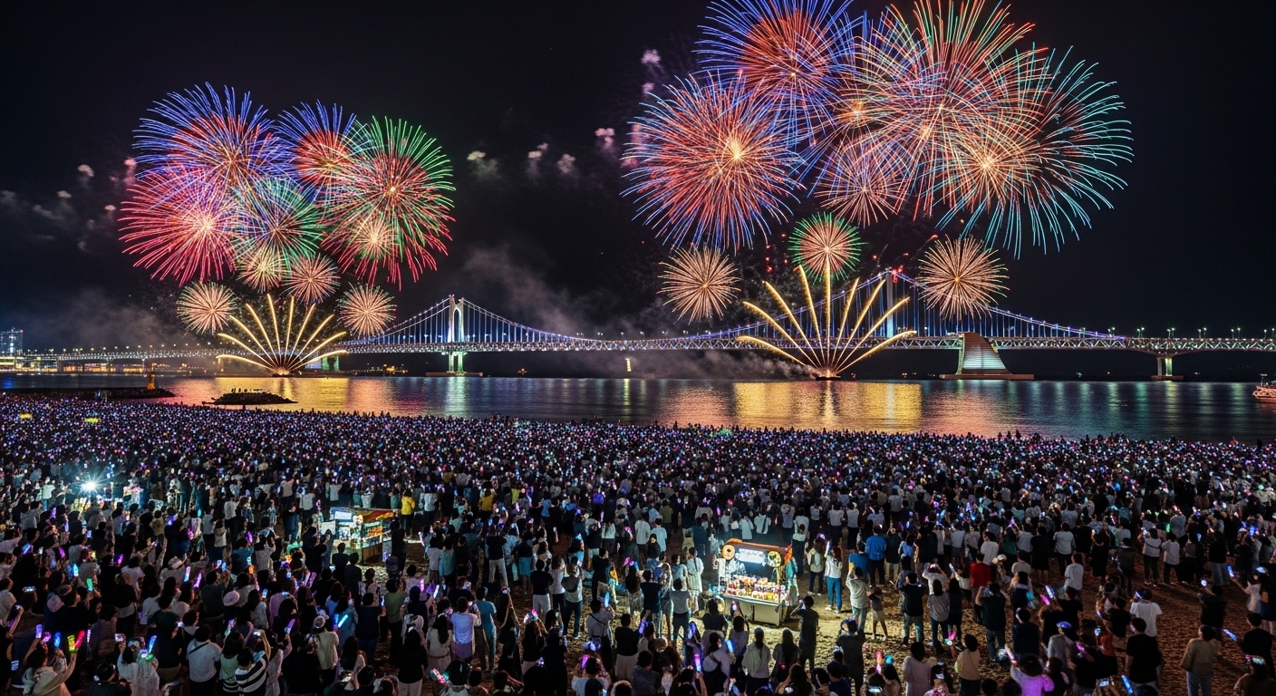광안리 해변에서 열리는 부산불꽃축제의 화려한 불꽃과 사람들의 활기찬 모습
