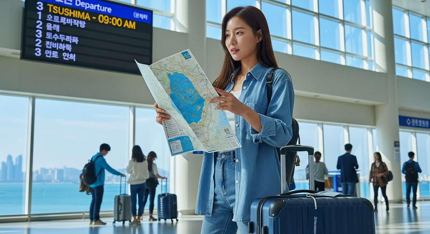 부산에서 대마도로 출발하기 위해 페리 터미널에 있는 여행객