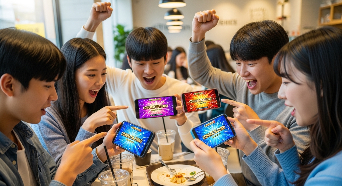 온라인 이벤트로 게임 보상을 받으며 친구들과 축하하는 모습