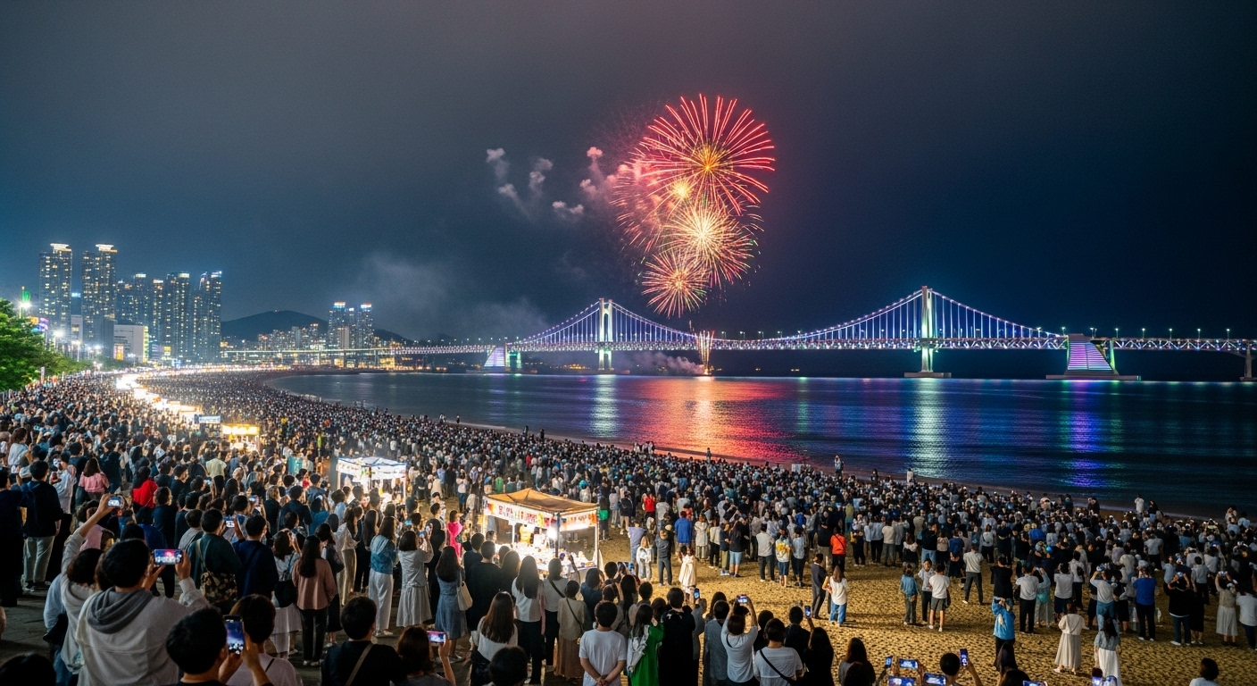 광안리 해변에 모여드는 사람들, 화려한 불꽃과 기대감 넘치는 분위기