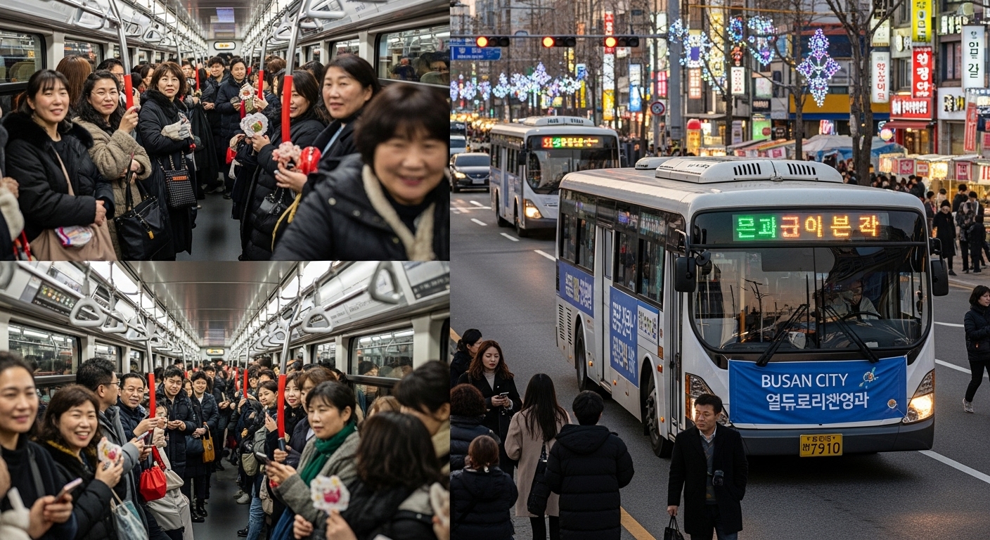 축제 저녁 시간에 버스와 지하철을 이용하는 사람들로 잘 조직된 안전한 환경