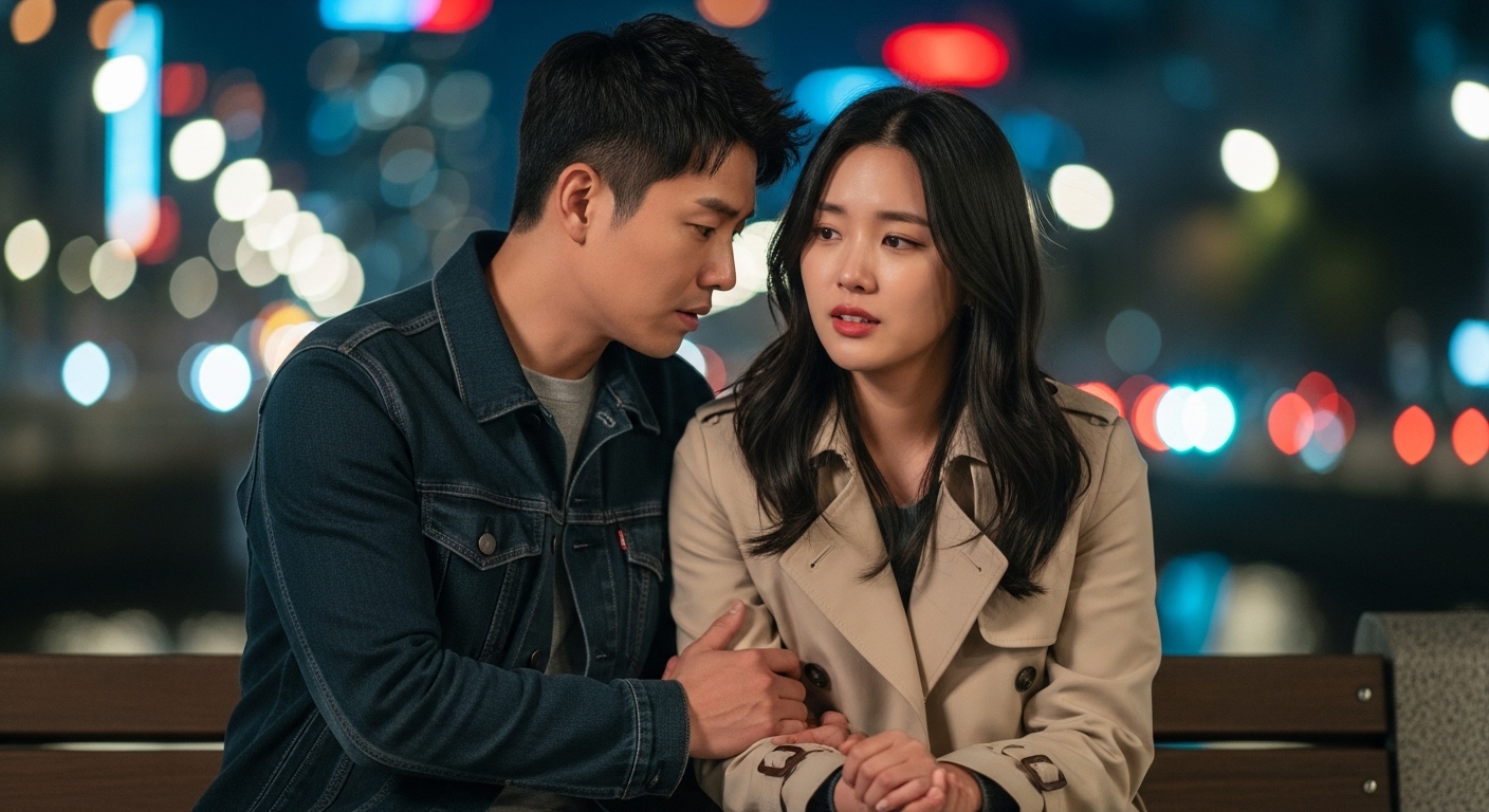 도시 야경 아래 깊은 대화를 나누며 감정을 드러내는 커플