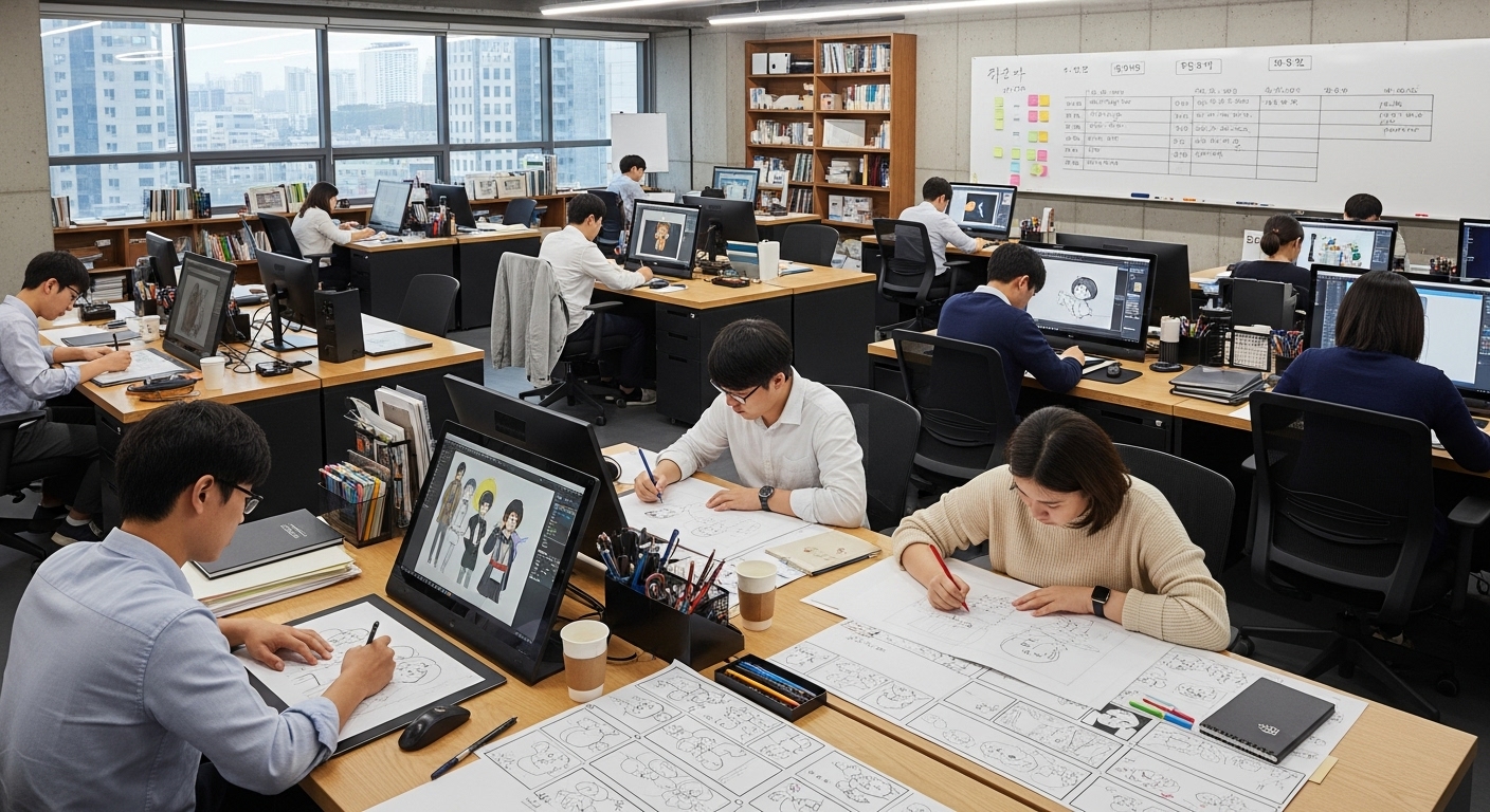 서울의 현대적인 애니메이션 스튜디오에서 세밀한 작업 중인 한국 애니메이터들