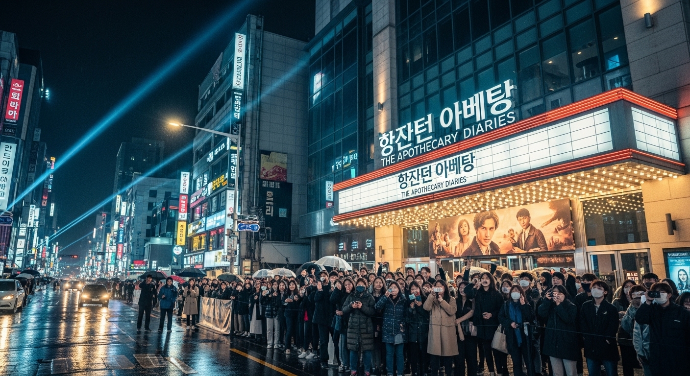 강남 영화관 앞에서 '약사의 혼잣말' 영화 개봉을 기다리는 사람들