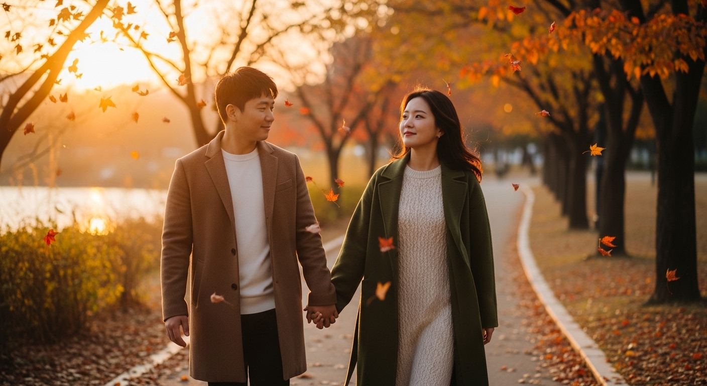 가을 낙엽이 떨어지는 공원에서 손을 잡고 걷는 커플