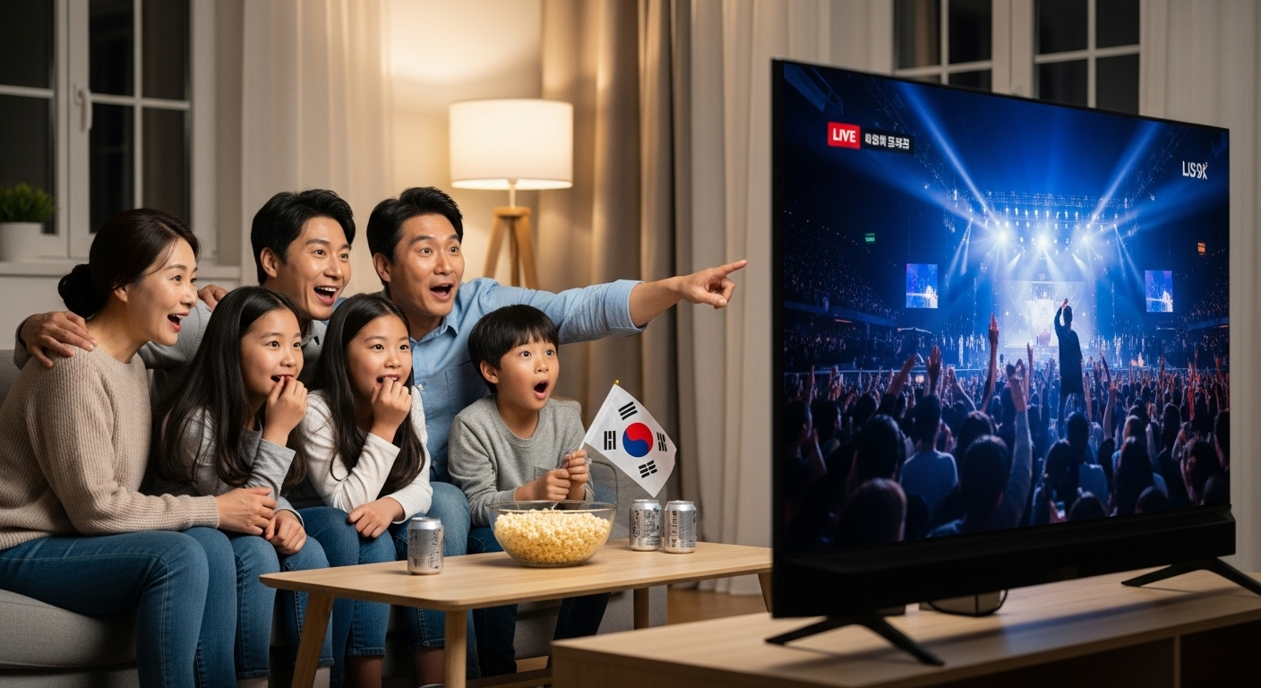 라이브 스트리밍 이벤트를 위해 TV 앞에 모인 가족의 모습