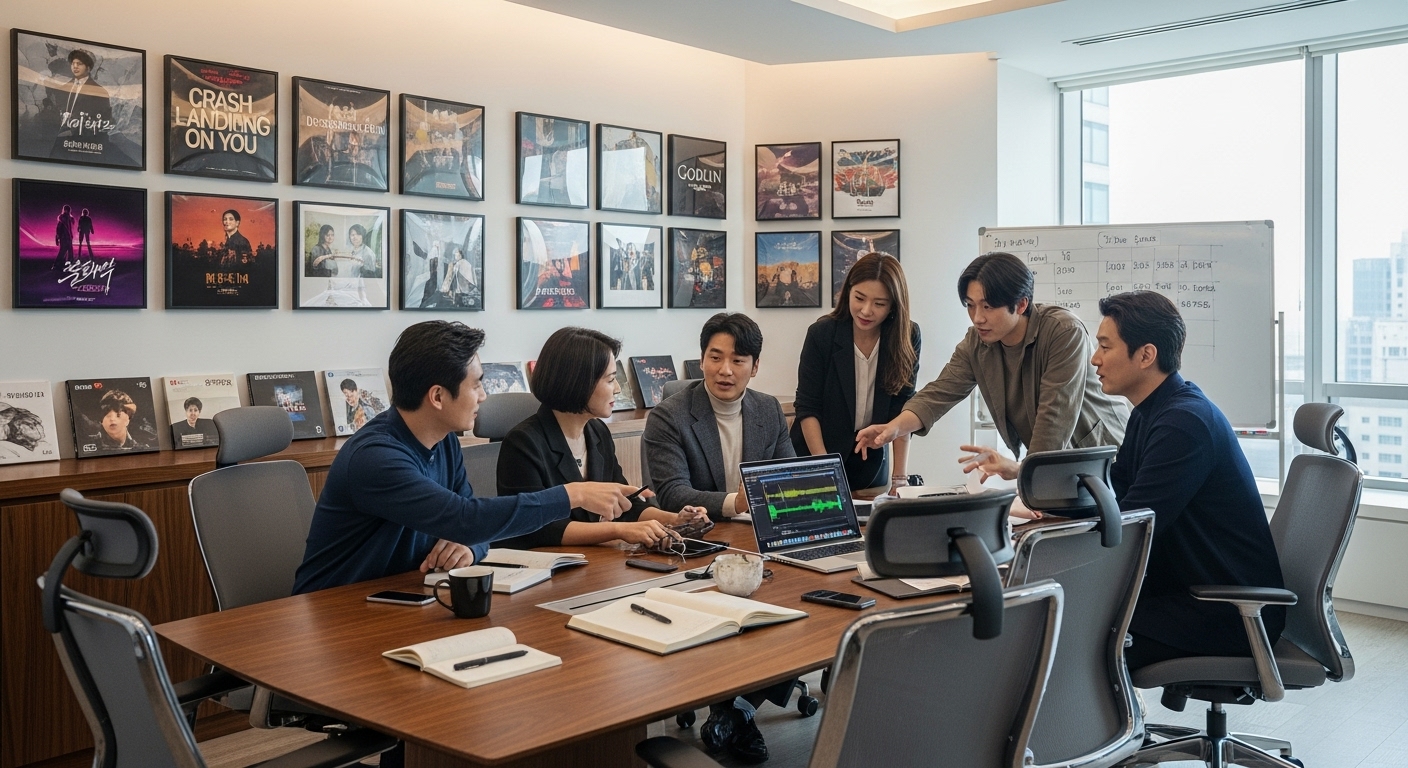 K-드라마 사운드트랙 포스터가 걸린 세련된 오피스에서 회의를 하는 음악 프로듀서들