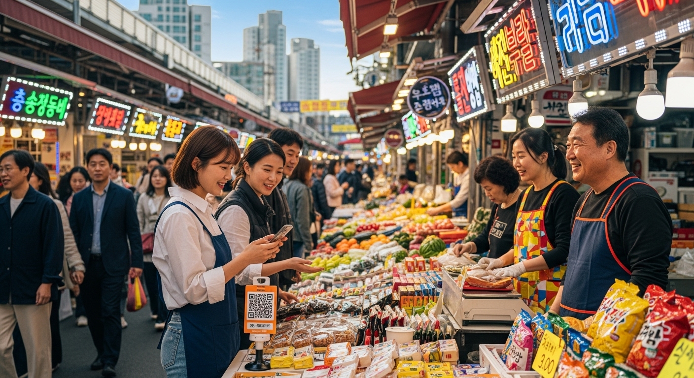 디지털 결제 시스템을 활용하는 현대적이고 활기찬 도시 시장 모습