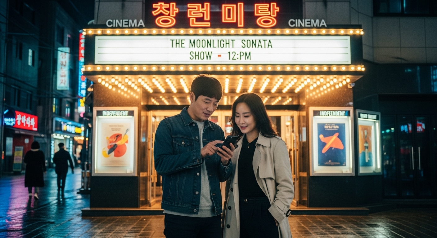 서울 독립 영화관 앞에서 스마트폰으로 결제 방법을 확인하는 커플