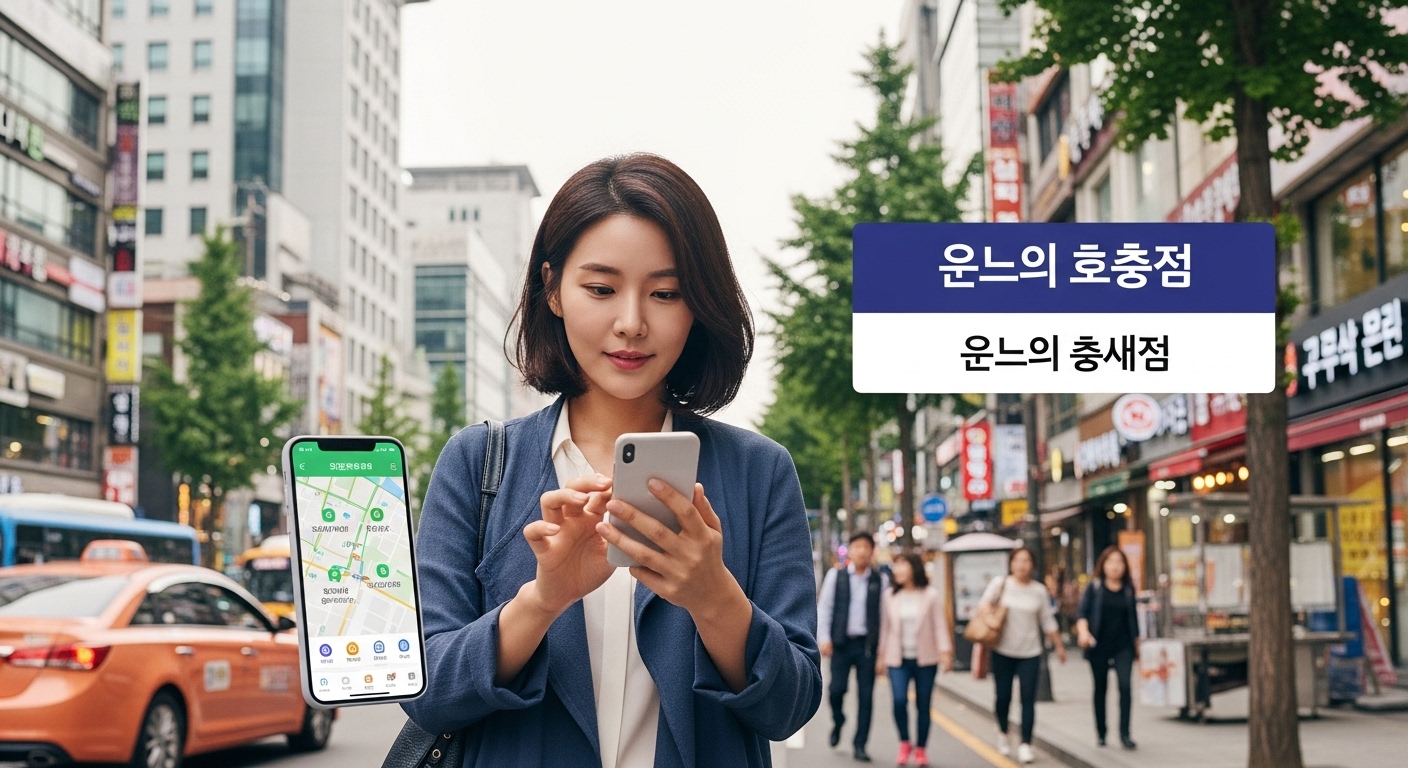 바쁜 거리에서 스마트폰 앱으로 온누리 상품권 가맹점을 찾는 여성