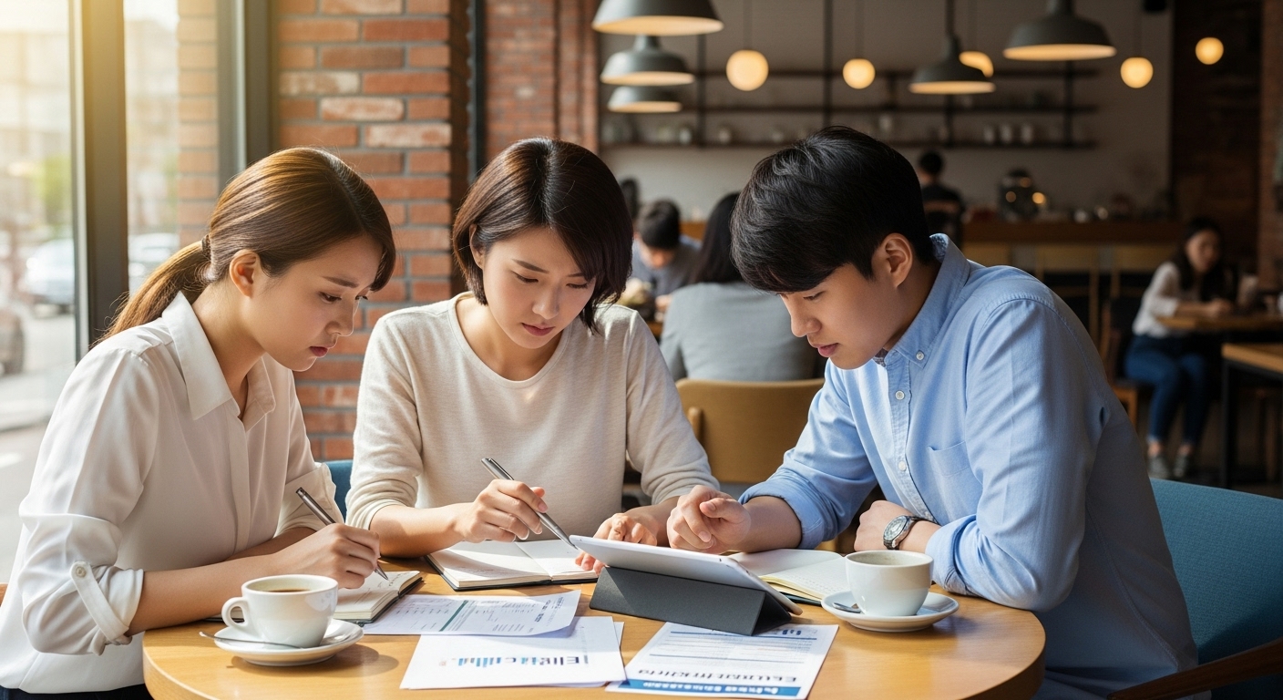 세련된 카페에서 금융 서류를 검토하며 자격 기준을 평가하는 젊은 성인들