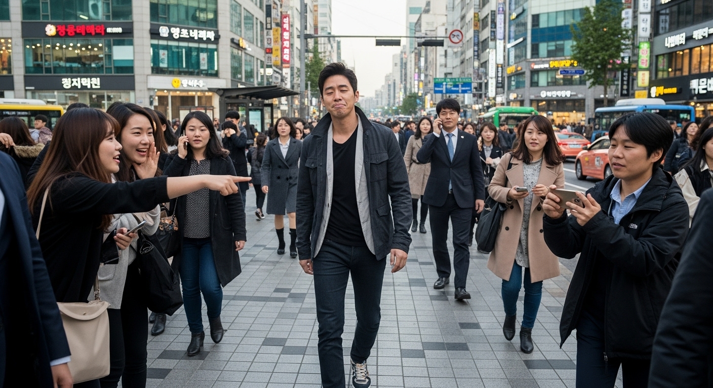 도시 거리를 걸으며 사람들에게 알아보이는 남성의 모습