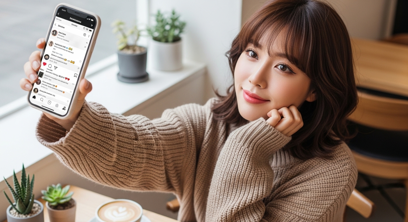 일상을 담은 소셜 미디어 게시물에서 셀카를 찍으며 팔로워들과 소통하는 스타일리시한 여성 인플루언서