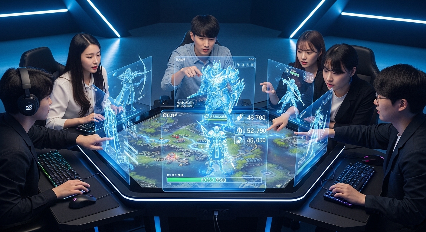 디지털 인터페이스와 홀로그램 화면에 보이는 게임 캐릭터와 통계를 보며 협력하는 다양한 한국 게이머들