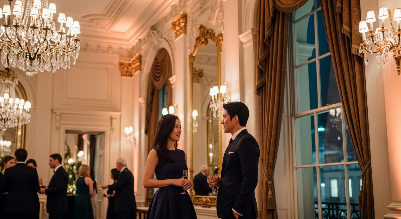 화려한 런던 무도회장에서 현대적인 드레스를 입고 대화하는 두 사람
