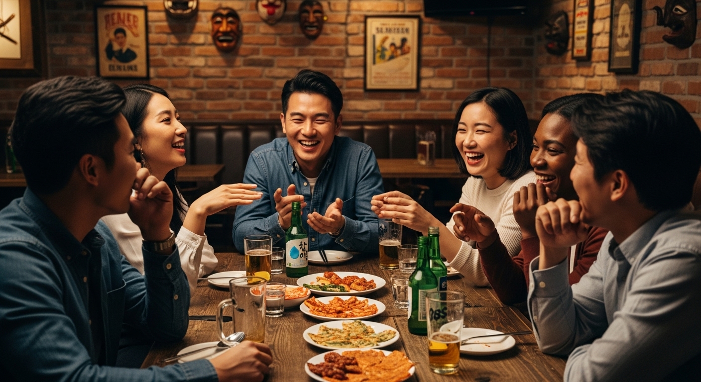 자연스러운 상호작용이 펼쳐지는 다양한 한국인들이 모여 있는 시골풍의 주점