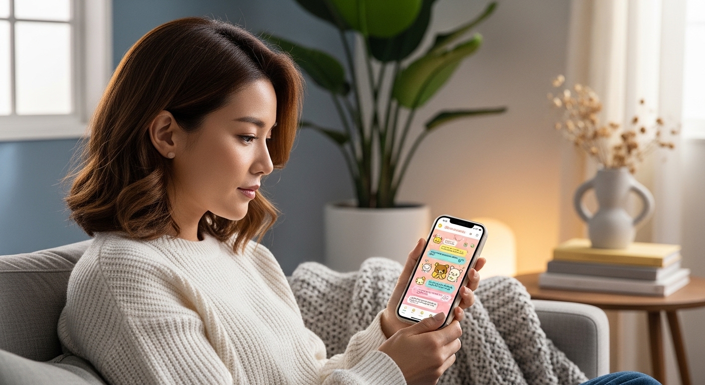 아이폰으로 리락쿠마 테마 카톡 화면을 보여주는 여성의 모습