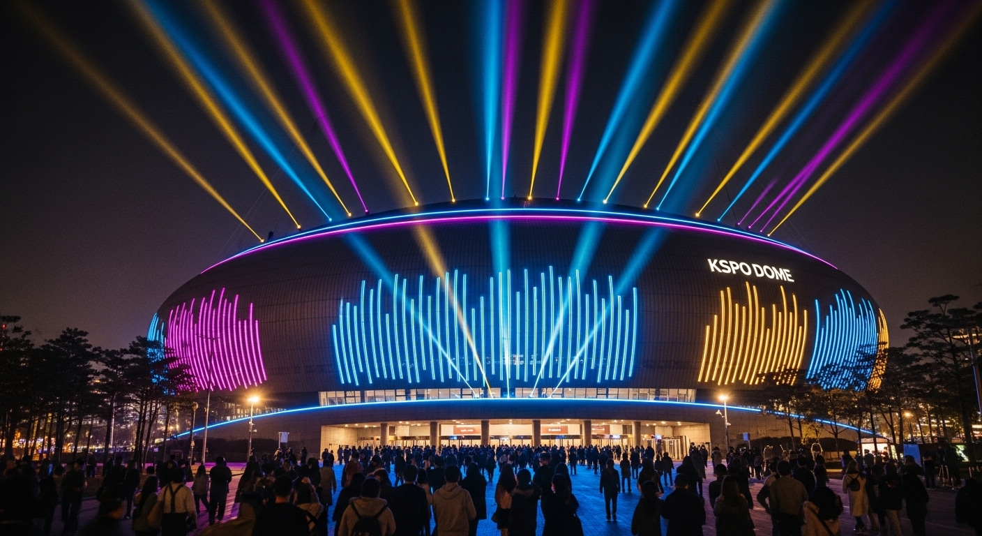 KSPO DOME 외관이 밝게 빛나는 밤 풍경