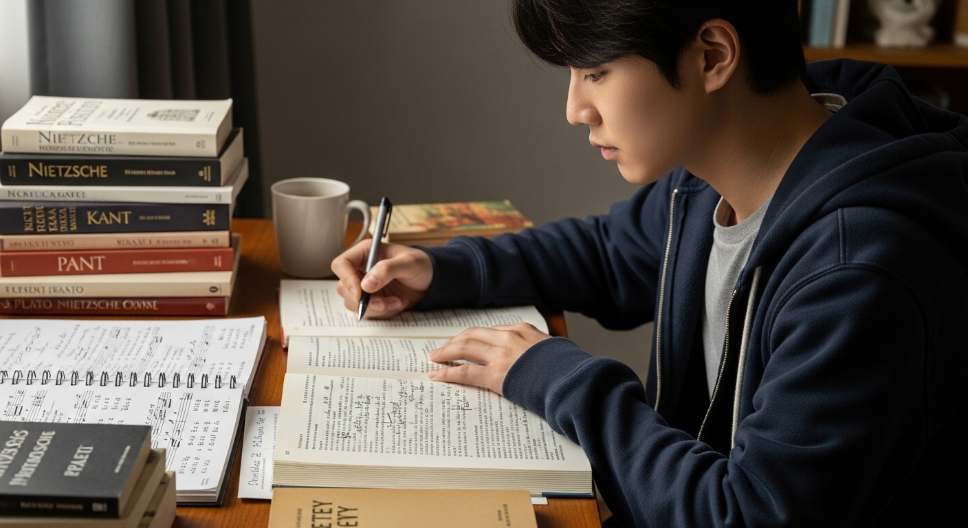 책상에 가사 노트와 철학 서적들이 놓여 있고 깊은 생각에 잠긴 한국 대학생의 클로즈업