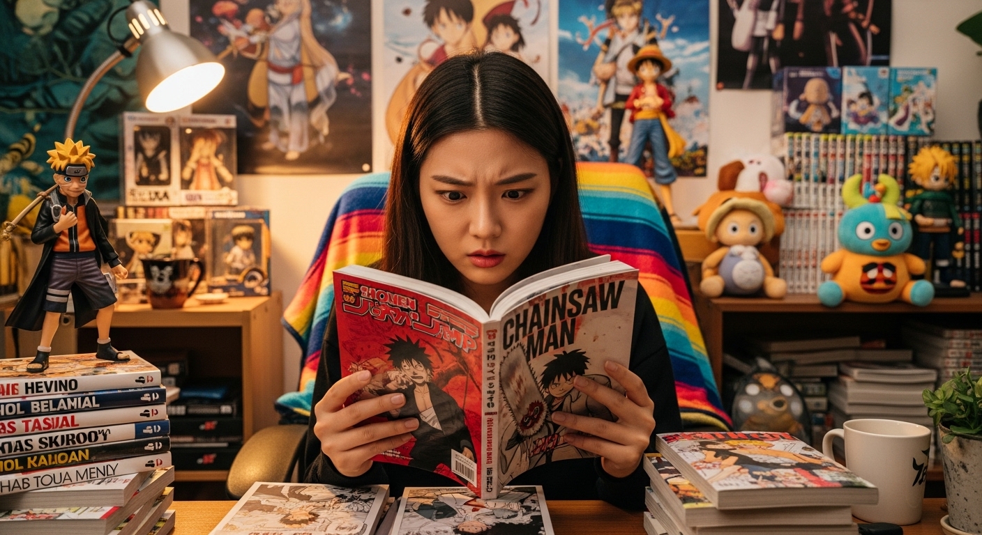 방 안에서 체인소맨 만화를 읽는 팬의 몰입된 모습