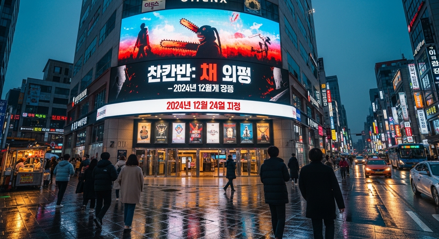 멀티플렉스 영화관 외부에 표시된 체인소맨 영화의 한국 개봉일