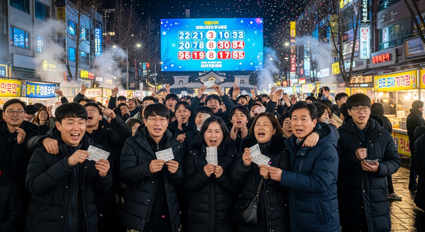 로또 결과에 놀라는 사람들, 도심 속 디지털 전광판에 표시된 당첨 번호