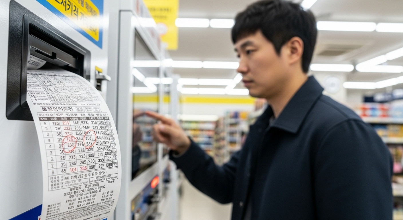 편의점 자동 기계에서 복권을 구매하는 남성, 복권에 적힌 당첨 번호 클로즈업