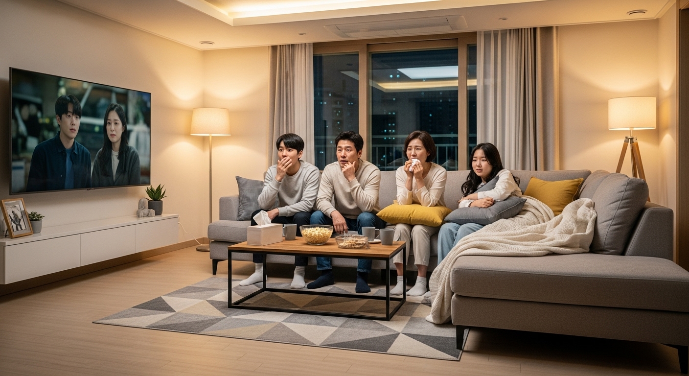 현대적인 거실에서 가족이 모여 드라마 마지막 회를 시청하는 모습