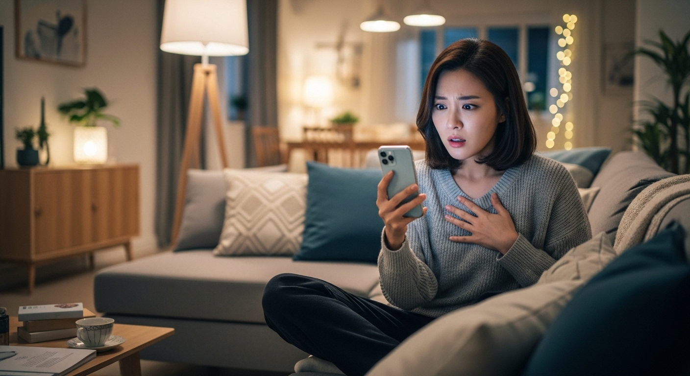 스마트폰으로 충격적인 드라마 장면을 보고 있는 여성의 모습