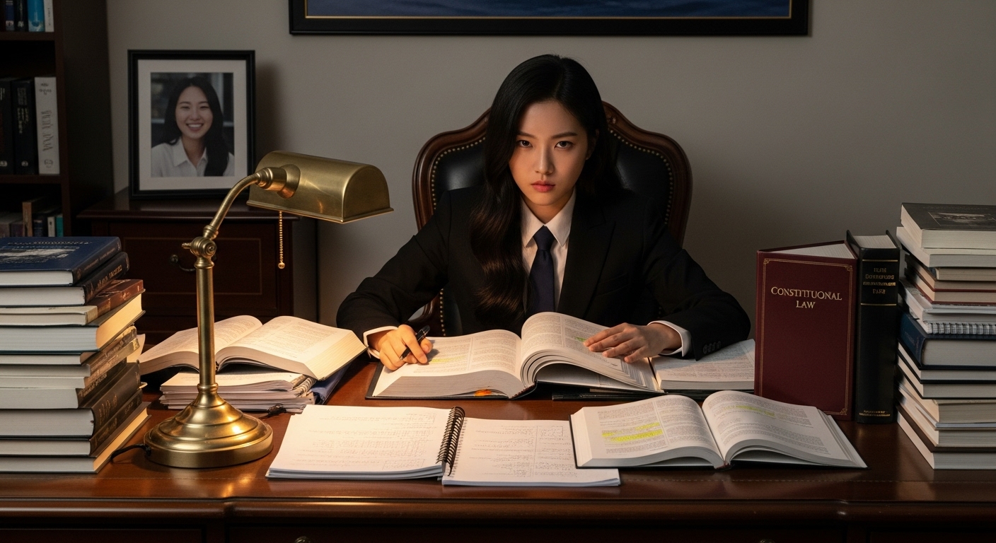 복잡한 표정으로 책상 앞에 앉아 있는 젊은 여성의 모습