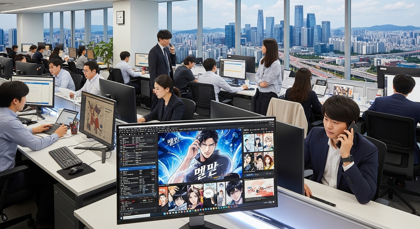 현대적인 사무실에서 인기 웹툰을 보고 있는 모습