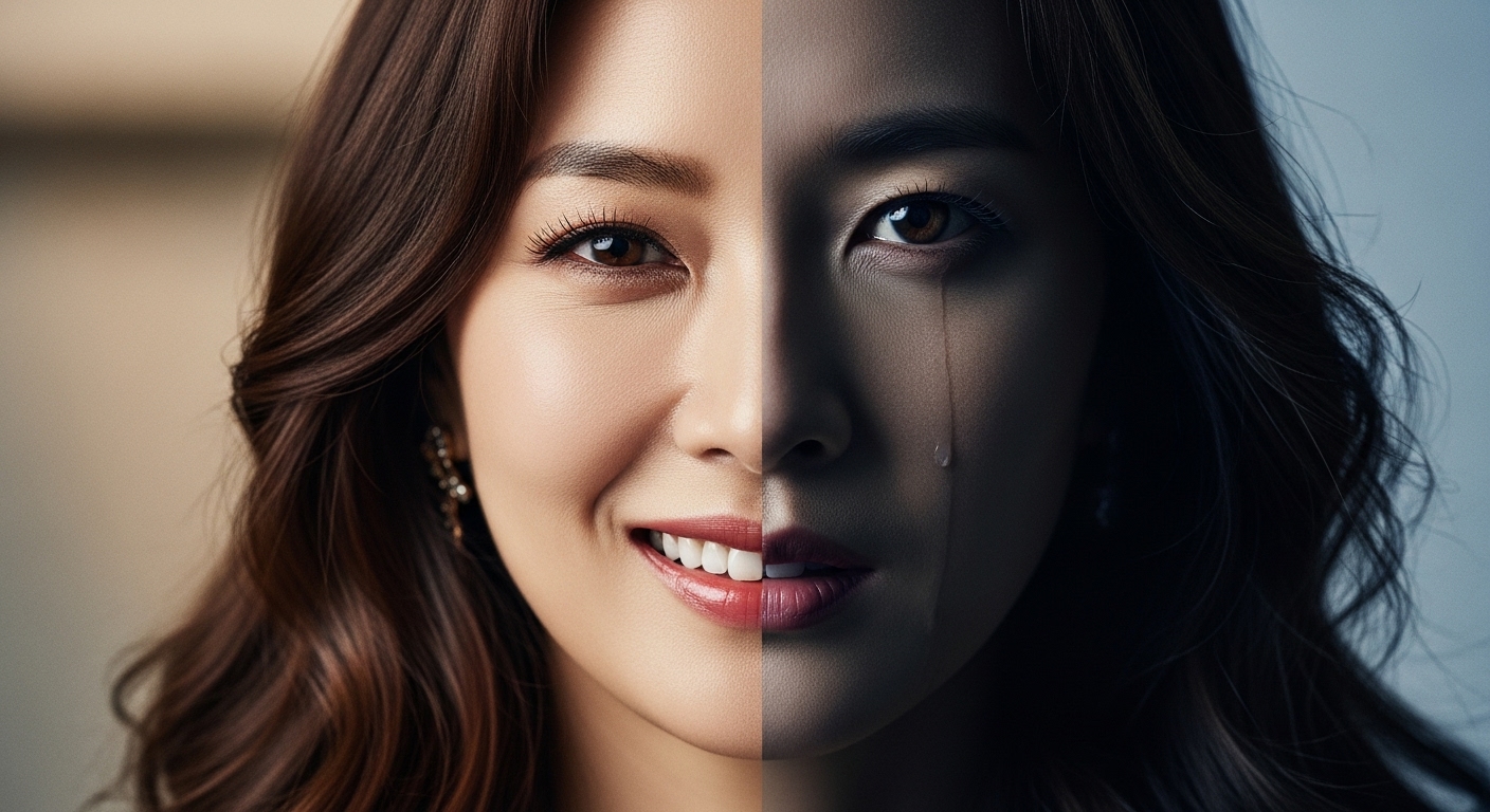 두 가지 성격을 가진 여배우의 대비되는 얼굴 묘사