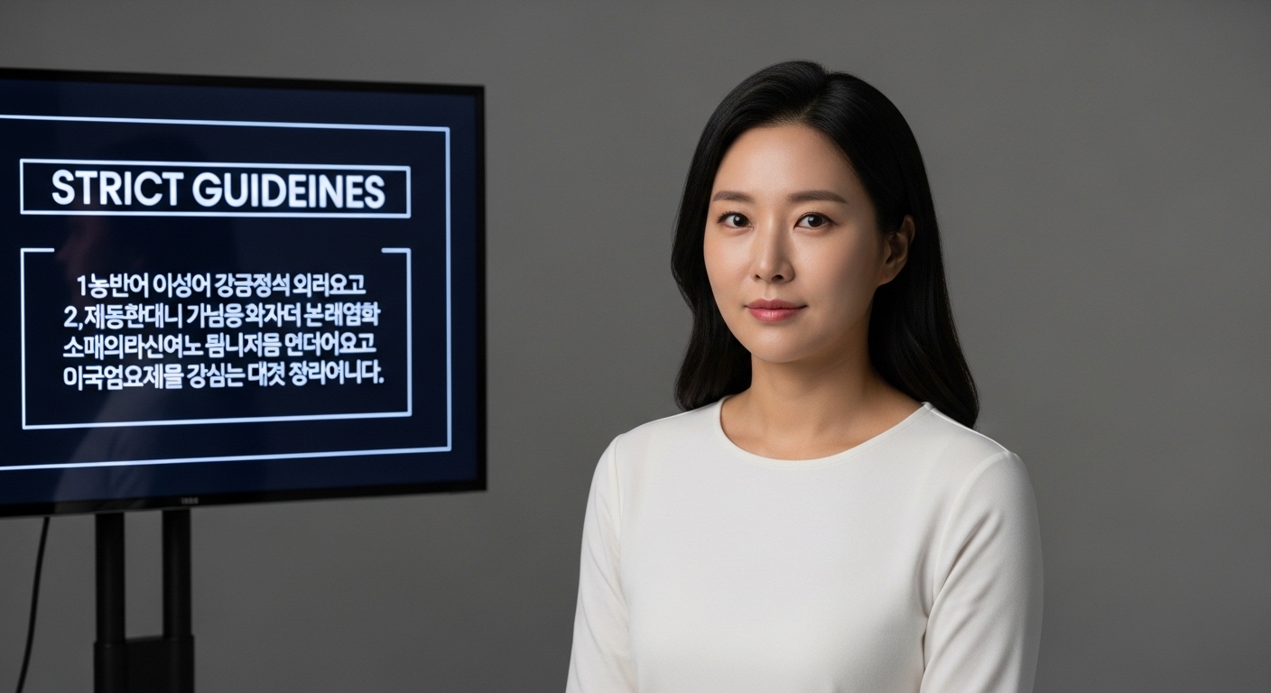 중립적인 표정을 유지하며 정면을 응시하는 여성의 스튜디오 촬영 장면