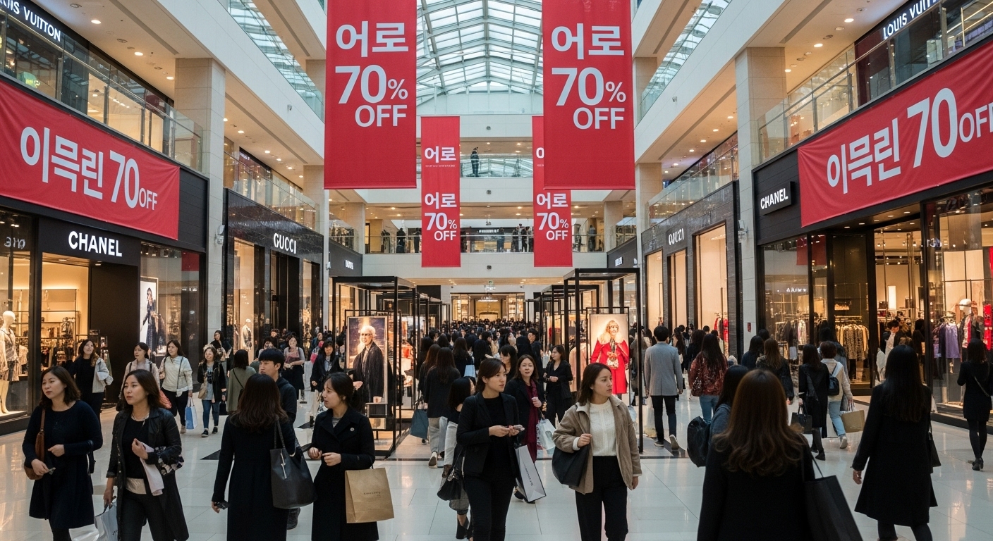 한국 쇼핑몰에서 명품 패션 아이템을 둘러보는 사람들의 활기찬 모습