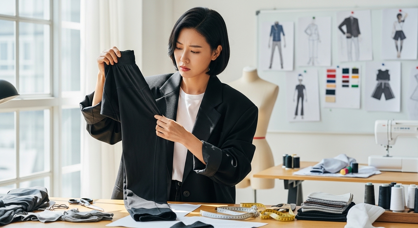 디자인 스튜디오에서 레깅스 품질을 꼼꼼히 검사하는 한국 디자이너